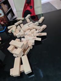 High angle view of books on table