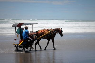 Men riding horse on beach