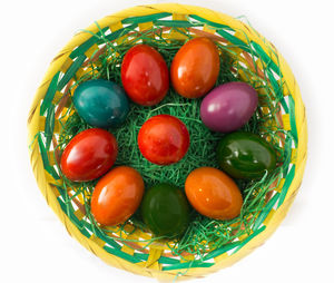 Directly above shot of multi colored eggs in basket