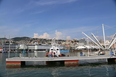 Sailboats moored at harbor against sky