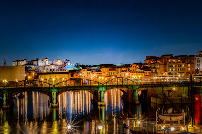 Illuminated bridge over river by buildings against blue sky at night