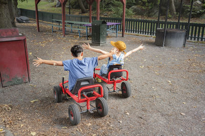 Child friends riding carts in park