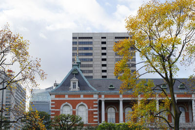 Trees and houses against sky during autumn