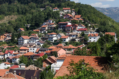 High angle view of houses in city