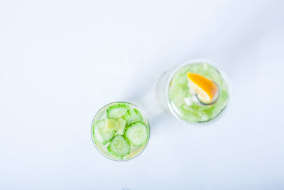 High angle view of green fruit on table