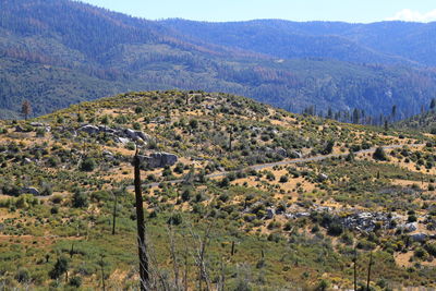 High angle view of landscape with mountains in background