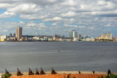 Panoramic view of sea and buildings against sky