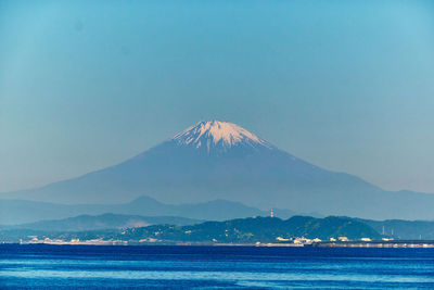 Scenic view of sea and snowcapped mountain against clear sky in the morning