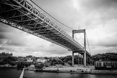 Bridge over river in city against sky