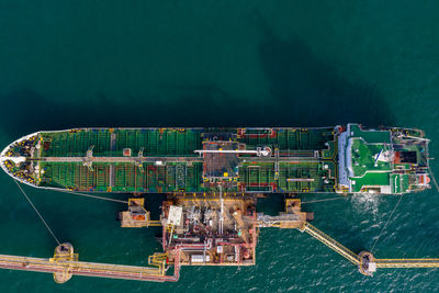 High angle view of shipping oil loading terminal bridge on the sea 