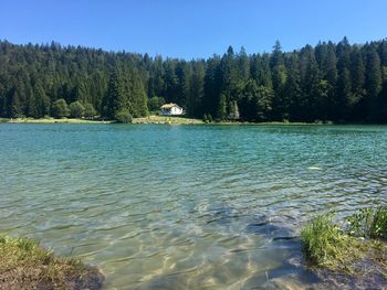 Scenic view of lake against clear sky