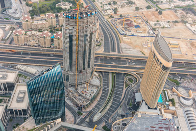 High angle view of modern buildings in city