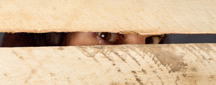 The female eye of man looking through the gap of the fence, close-up.