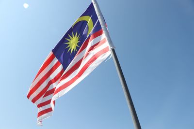 Low angle view of flags against clear blue sky