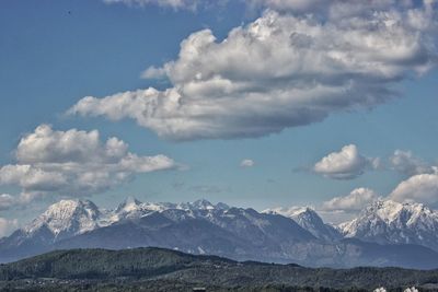 Scenic view of snowcapped mountains against sky