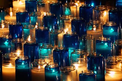 Full frame shot of lit tea light candles in church