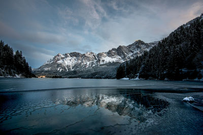 Scenic view of lake by mountains against sky