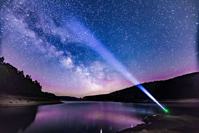 Scenic view of lake against clear sky at night