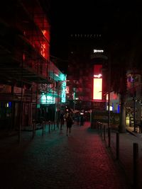 People walking on illuminated street at night