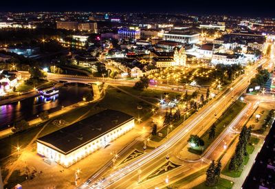 High angle view of illuminated city street at night