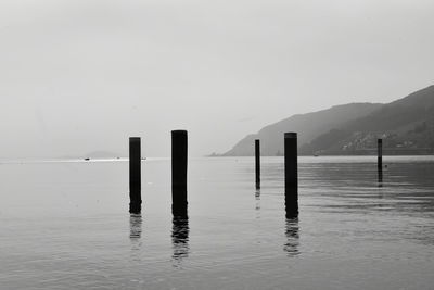 Scenic view of wooden posts in calm sea