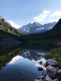 Scenic view of lake and mountains against sky