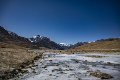 Scenic view of snowcapped mountains against clear blue sky