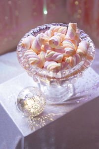 High angle view of ice cream in glass on table