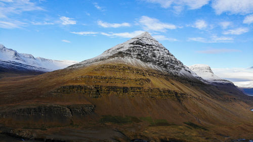 The bulandstindur, or pyramid mountain with snow on the summit, in the east fjord region of iceland