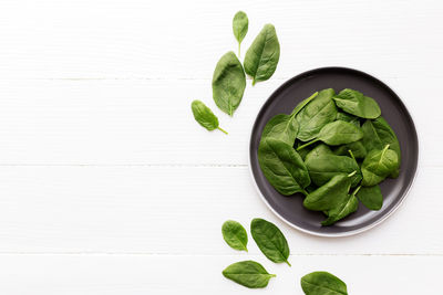 Bowl with fresh green salad leaves of spinach on a white background. healthy vegetarian eating