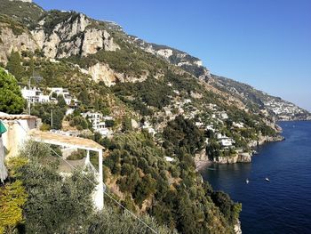 Scenic view of sea by mountain against clear blue sky