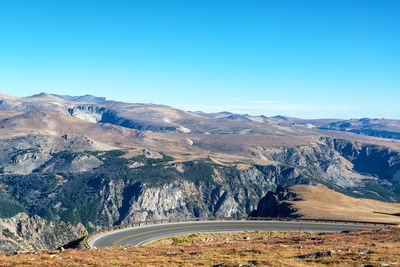 High angle view of highway by beartooth mountains against sky at yellowstone national park