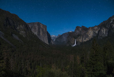 Scenic view of mountains against sky at night