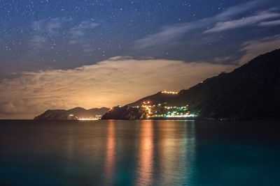 Night view of the genoa lights and coast from manarola