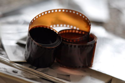 Close-up of film reel on table