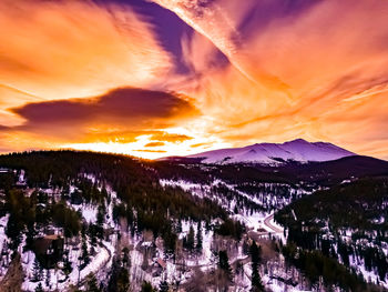 Scenic view of snowcapped mountains against sky during sunset