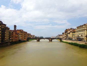 Arch bridge over river against cloudy sky