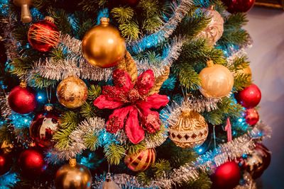 Close-up of decorations on christmas  tree