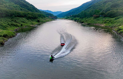 High angle view of man swimming in lake