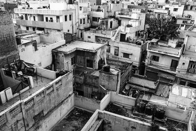 High angle view of old buildings in city