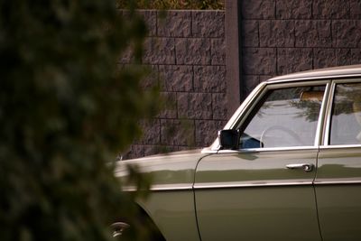 Car on wall against trees in city