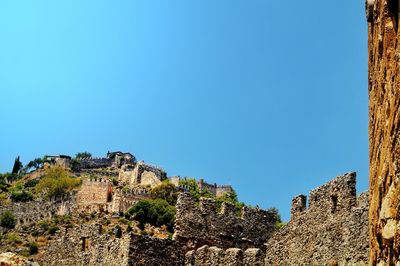 Low angle view of old building against clear blue sky