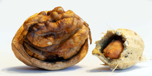 Close-up of bread on plate against white background