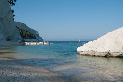 Scenic view of sea against clear blue sky