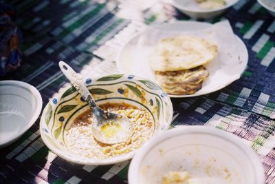 High angle view of breakfast served on table