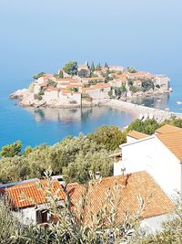 High angle view of sea against clear sky