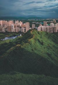 High angle view of buildings against sky