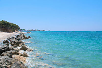 Scenic view of sea against clear blue sky