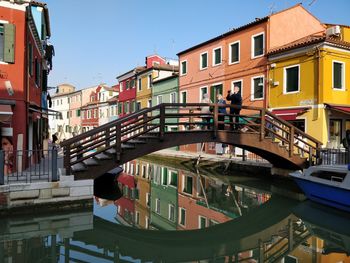 View of canal by buildings against clear sky