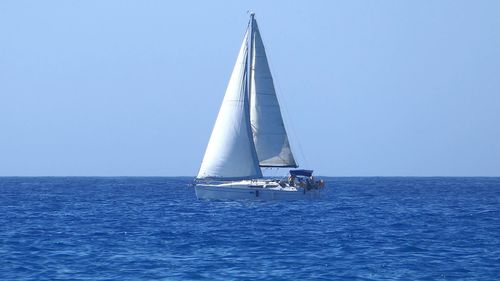 Sailboat sailing on sea against clear sky